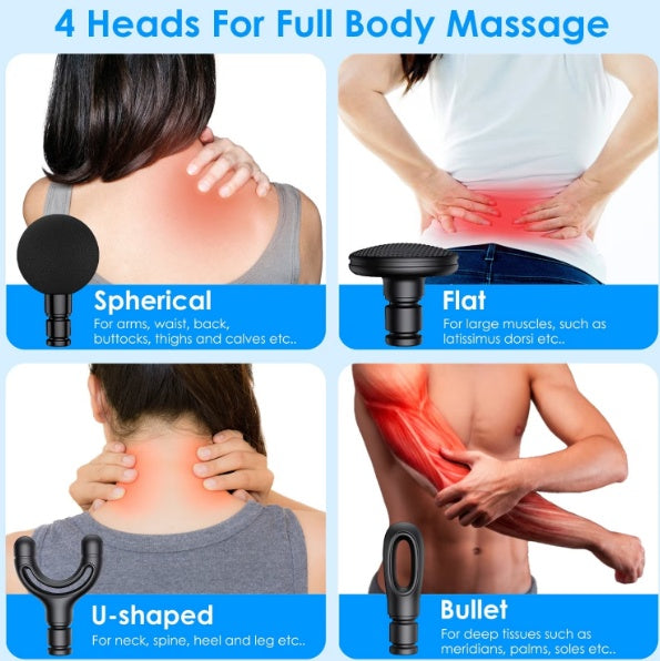 Aparat de masaj cu puls, Maner extins, Design ergonomic, Cu functie de cronometru, 5 nivele de intensitate, Motor fara perii, 4 capete de masaj, Ameliorarea durerii, Relaxare musculara, Potrivit pentru mai multe parti ale corpului, Type-C, Negru