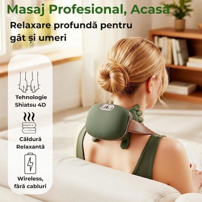 Aparat Masaj Cervical pentru Gat, Umeri, Picioare si Abdomen, Deep TISSUE, 4D cu Incalzire, Profesional, Fara fir, Imita Mana