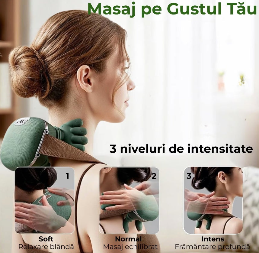 Aparat Masaj Cervical pentru Gat, Umeri, Picioare si Abdomen, Deep TISSUE, 4D cu Incalzire, Profesional, Fara fir, Imita Mana