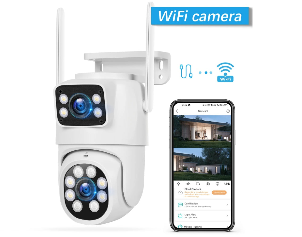 Camera de supraveghere exterior dubla, 8MP 4K, Detectare umana AI, Auto Tracking, IP66, wireless