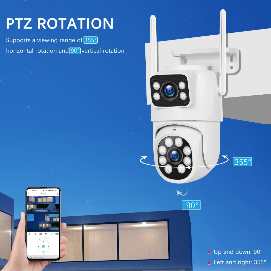 Camera de supraveghere exterior dubla, 8MP 4K, Detectare umana AI, Auto Tracking, IP66, wireless
