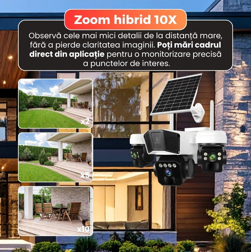 CAMERA DE SUPRAVEGHERE TRIPLA CU PANOU SOLAR, SLOT DE CARTELA 4G, 15MP
