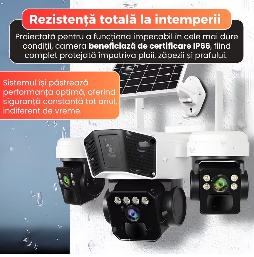 CAMERA DE SUPRAVEGHERE TRIPLA CU PANOU SOLAR, SLOT DE CARTELA 4G, 15MP