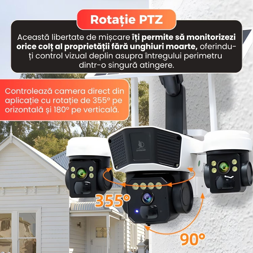 CAMERA DE SUPRAVEGHERE TRIPLA CU PANOU SOLAR, SLOT DE CARTELA 4G, 15MP