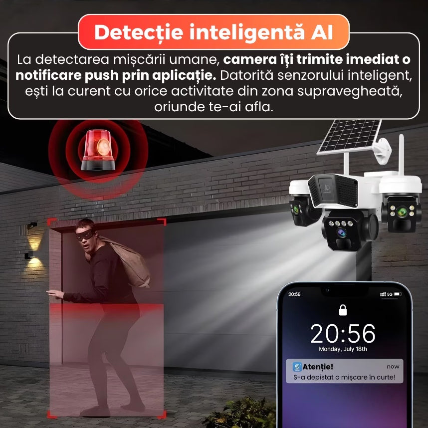 CAMERA DE SUPRAVEGHERE TRIPLA CU PANOU SOLAR, SLOT DE CARTELA 4G, 15MP