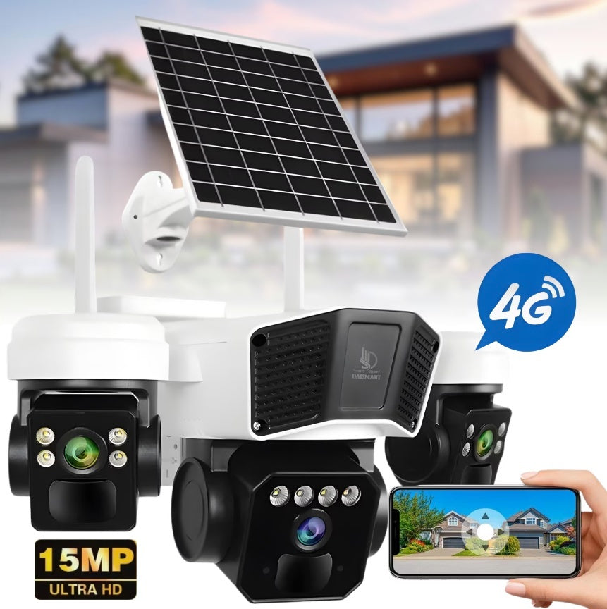 CAMERA DE SUPRAVEGHERE TRIPLA CU PANOU SOLAR, SLOT DE CARTELA 4G, 15MP