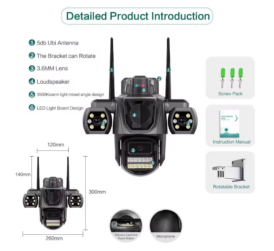 Cameră Supraveghere Triplă WiFi , 9MP, 3 Camere În 1, Acoperire Panoramică 360°, Sirenă, Zoom 10X, Mod Noapte Color & IR, Detecție Umană + Urmărire Automată, Audio Bidirecțional, Aplicatie iCsee, IP66