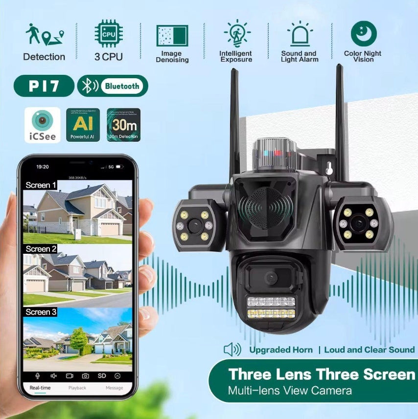 Cameră Supraveghere Triplă WiFi , 9MP, 3 Camere În 1, Acoperire Panoramică 360°, Sirenă, Zoom 10X, Mod Noapte Color & IR, Detecție Umană + Urmărire Automată, Audio Bidirecțional, Aplicatie iCsee, IP66