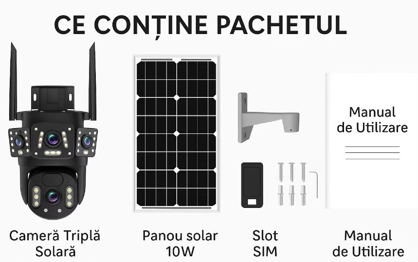 Camera Tripla cu Panou Solar 4G, 12 MP, Detectare si Urmarire Miscare, Consum Redus, Detectare Umana, Viziune de Noapte, Audio Bidirectional, Sirena Incorporata, Rezistenta la Apa si Intemperii, Unghi Larg