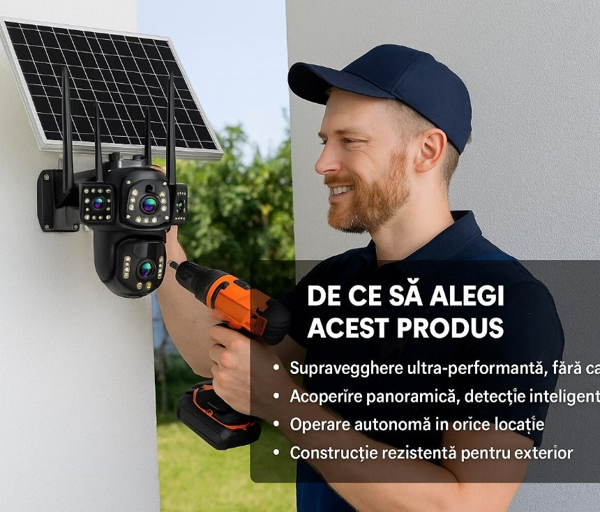 Camera Tripla cu Panou Solar 4G, 12 MP, Detectare si Urmarire Miscare, Consum Redus, Detectare Umana, Viziune de Noapte, Audio Bidirectional, Sirena Incorporata, Rezistenta la Apa si Intemperii, Unghi Larg