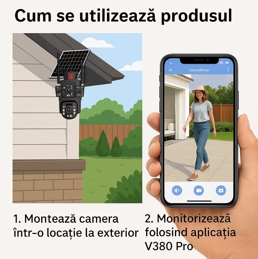 Camera Tripla cu Panou Solar 4G, 12 MP, Detectare si Urmarire Miscare, Consum Redus, Detectare Umana, Viziune de Noapte, Audio Bidirectional, Sirena Incorporata, Rezistenta la Apa si Intemperii, Unghi Larg