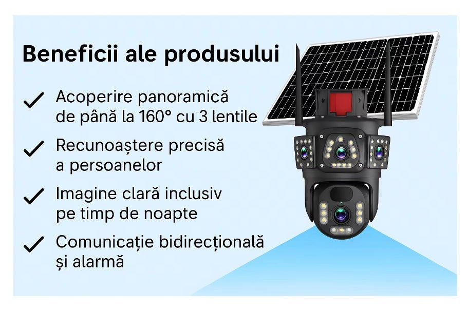 Camera Tripla cu Panou Solar 4G, 12 MP, Detectare si Urmarire Miscare, Consum Redus, Detectare Umana, Viziune de Noapte, Audio Bidirectional, Sirena Incorporata, Rezistenta la Apa si Intemperii, Unghi Larg