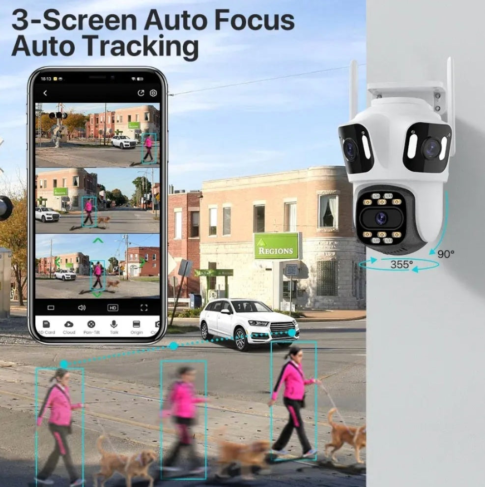 Camera Tripla de Supraveghere Wi-Fi, PTZ, P15, 4K , cu 3 lentile , Audio Bidirectional, Night Vision, Slot Card ,cu Aplicatie Mobila