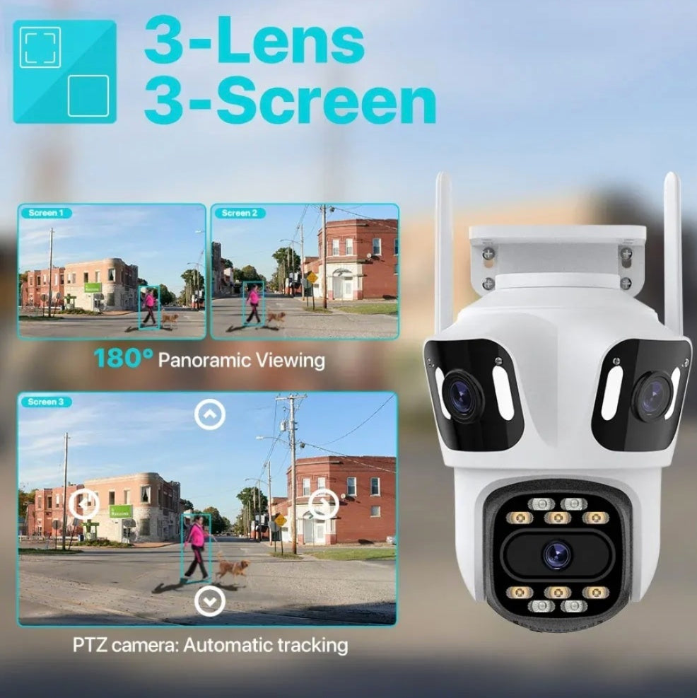 Camera Tripla de Supraveghere Wi-Fi, PTZ, P15, 4K , cu 3 lentile , Audio Bidirectional, Night Vision, Slot Card ,cu Aplicatie Mobila