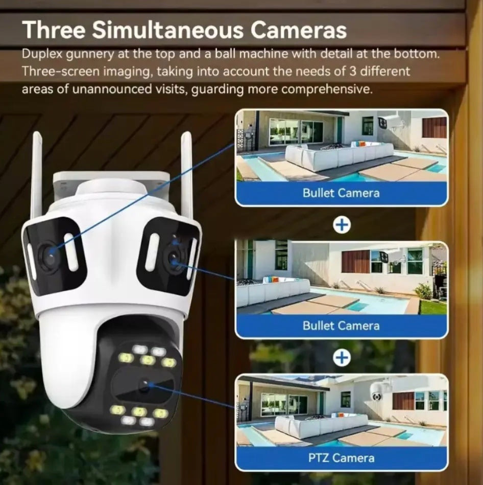 Camera Tripla de Supraveghere Wi-Fi, PTZ, P15, 4K , cu 3 lentile , Audio Bidirectional, Night Vision, Slot Card ,cu Aplicatie Mobila