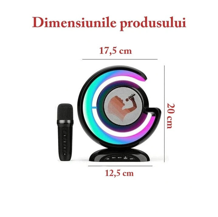 Dispozitiv Karaoke All-in-One, cu Boxa Bluetooth, 1 Microfon, Iluminare RGB Led, Slot Card, Conectare la Smartphone