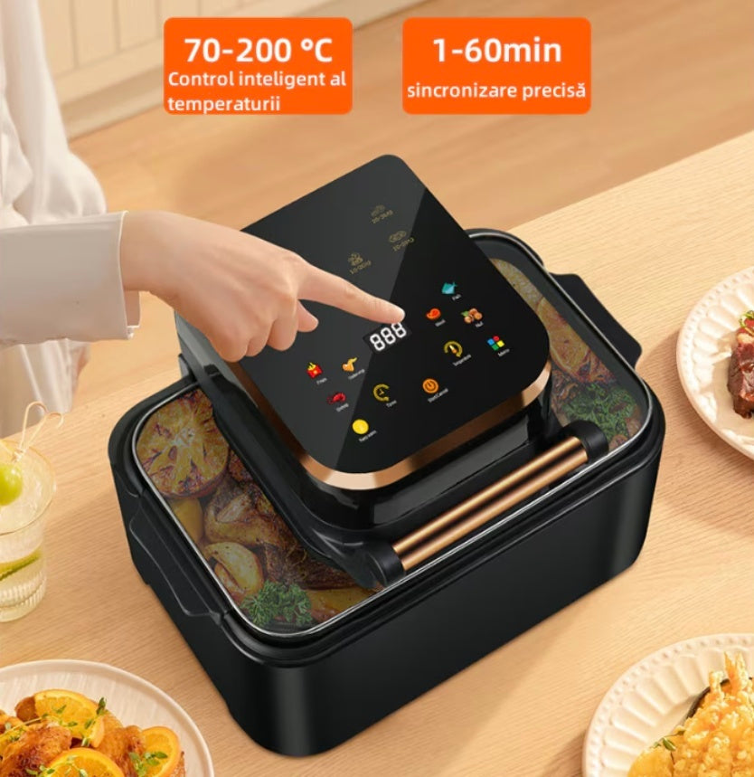 Friteuza cu aer cald, 1700 W, 12L, display Digital, temperatura 200 °C, 6 programe, functii - prajire, coacere, rumenire, grill, vas detasabil, Negru
