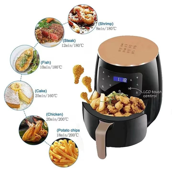 Friteuză fără Ulei cu Aer Cald, 2400W, 6L, LCD Touch, 6 Programe, Accesorii Incluse