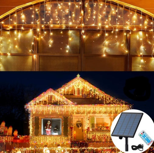 Instalatie cu panou solar, franjuri, turturi ingali, lungime 12m , 300 led-uri