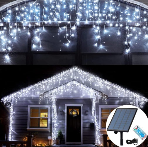 Instalatie cu panou solar, franjuri, turturi ingali, lungime 12m , 300 led-uri