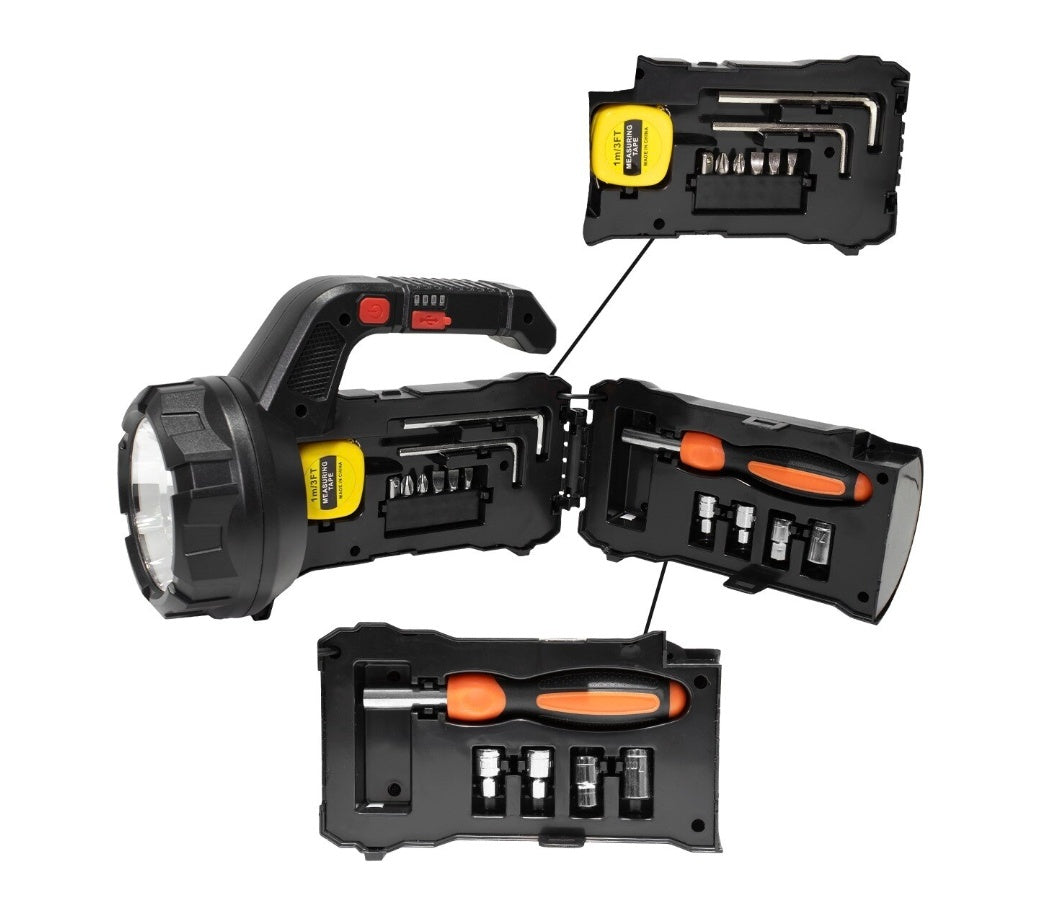 Lanterna Led 18W multifunctionala, Set Scule incluse, acumulator reincarcabil USB Type C, 5 moduri iluminare, avertizare luminoasa, leduri stare incarcare baterie, negru