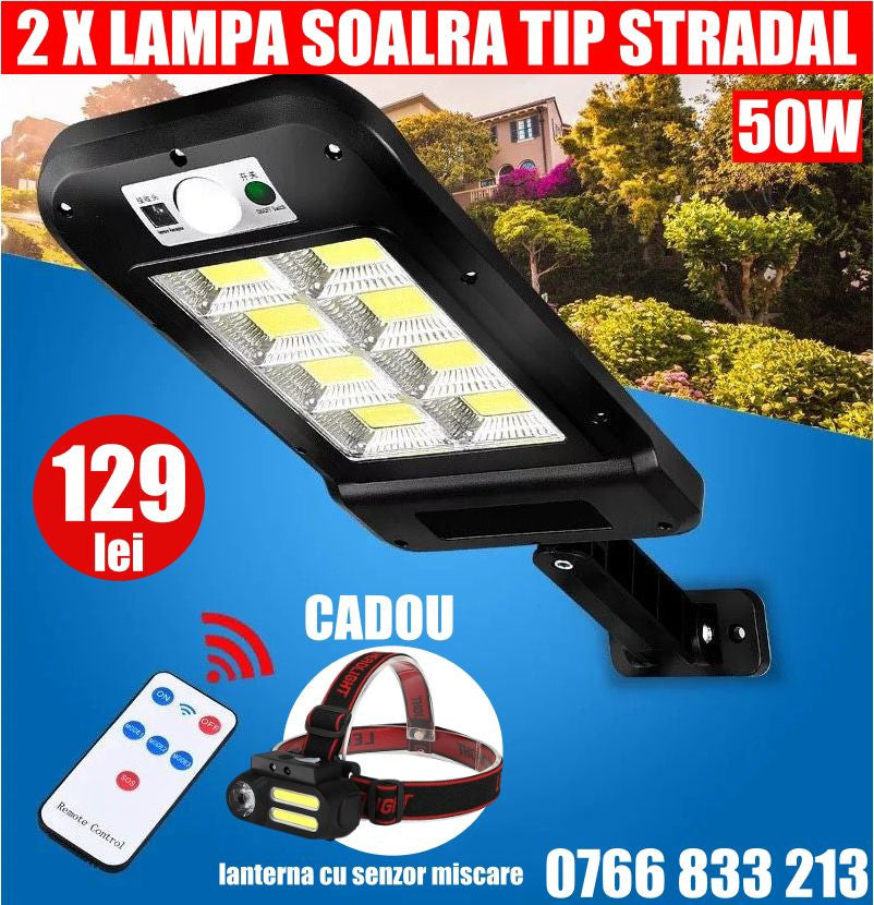 PACHET 2X LAMPA SOLARA TIP STRADAL 50W + LANTERNA CADOU
