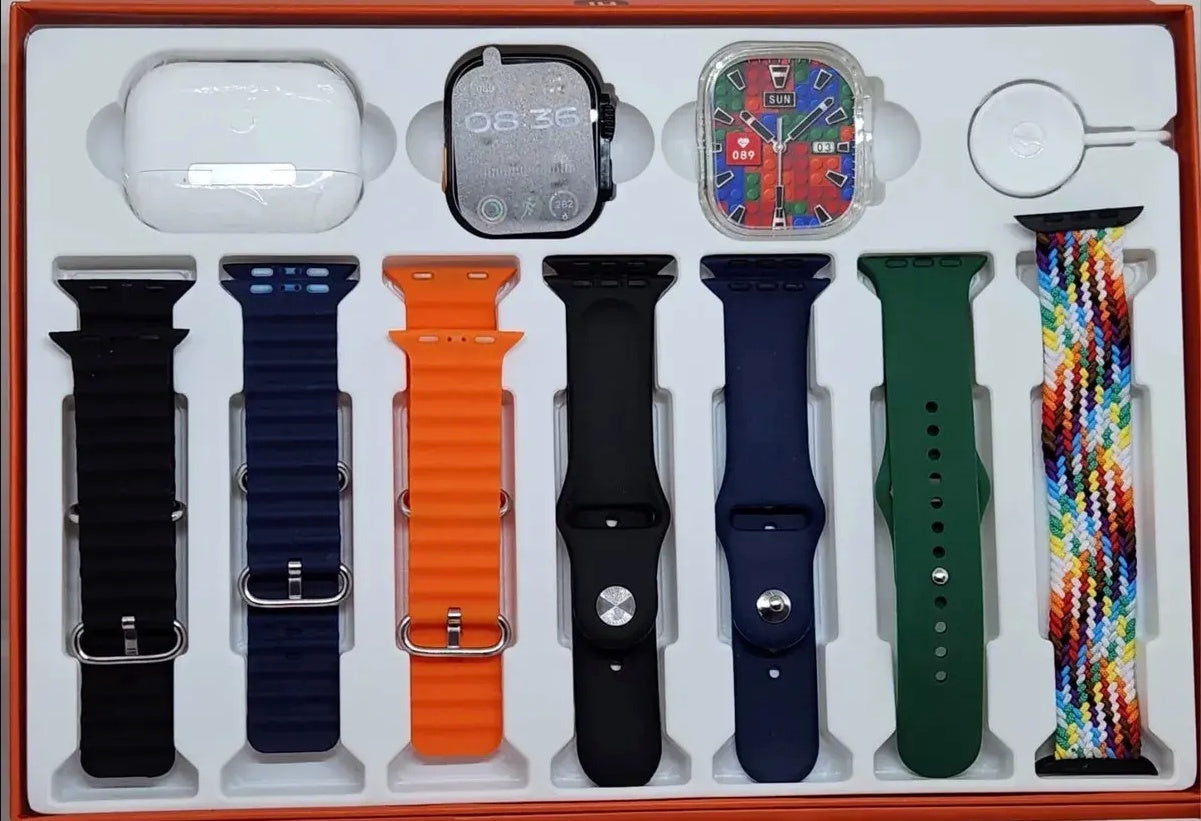 PACHET CEAS SMARTWATCH, ANDROID & IOS, 49MM, 7 CURELE + SET CASTI WIRELESS