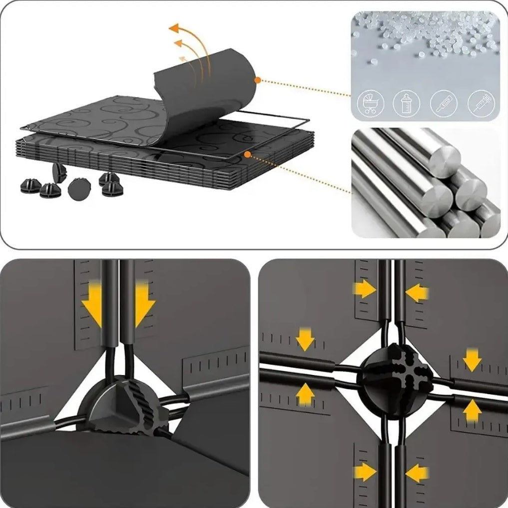 Pantofar modular 12 rafturi, negru cu model elegant, organizator incaltaminte cu usi, 85x31x96 cm