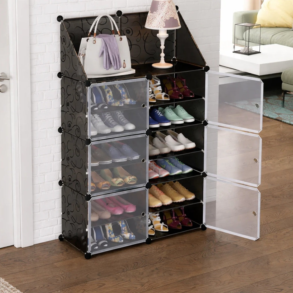 Pantofar modular 12 rafturi, negru cu model elegant, organizator incaltaminte cu usi, 85x31x96 cm