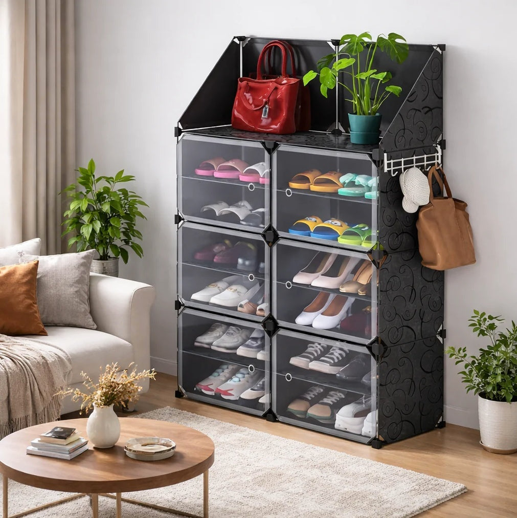 Pantofar modular 12 rafturi, negru cu model elegant, organizator incaltaminte cu usi, 85x31x96 cm