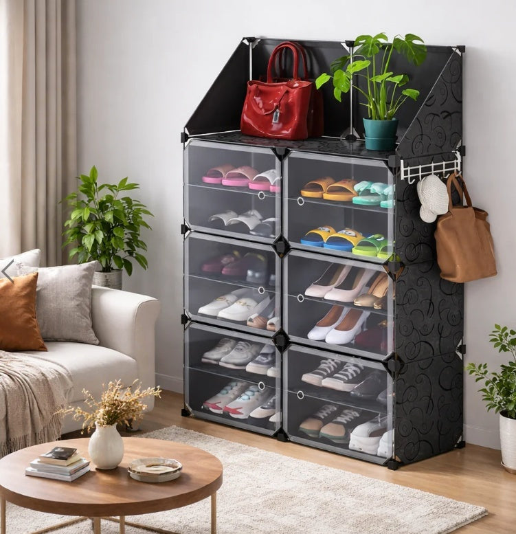 Pantofar modular 12 rafturi, negru cu model elegant, organizator incaltaminte cu usi, 85x31x96 cm