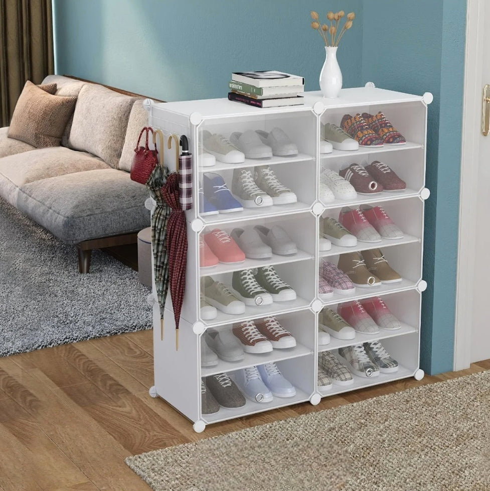 Pantofar modular 12 rafturi, organizator incaltaminte cu usi, 85x31x96 cm, alb, usi duble