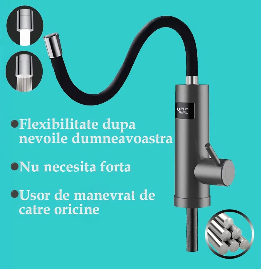 Robinet Instant apa calda, pentru bucatarie, baie sau exterior, Putere 3200 W cu afisaj Led al temperaturii si gura flexibila, Corp Inox, cu rotatie de 360º, gri inchis