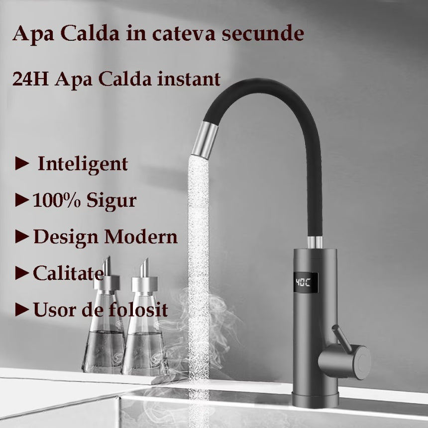 Robinet Instant apa calda, pentru bucatarie, baie sau exterior, Putere 3200 W cu afisaj Led al temperaturii si gura flexibila, Corp Inox, cu rotatie de 360º, gri inchis