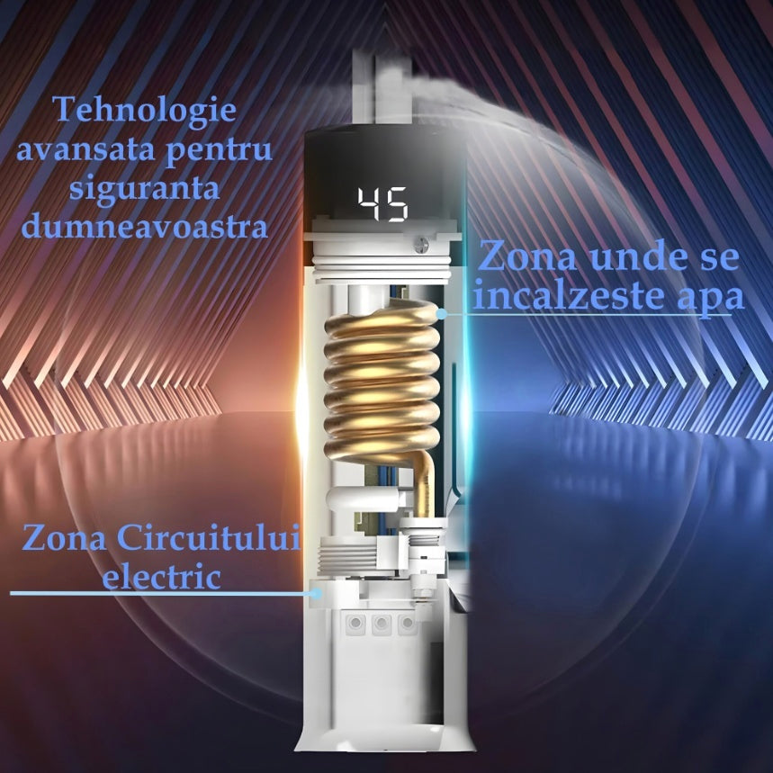 Robinet Instant apa calda, pentru bucatarie, baie sau exterior, Putere 3200 W cu afisaj Led al temperaturii si gura flexibila, Corp Inox, cu rotatie de 360º, gri inchis