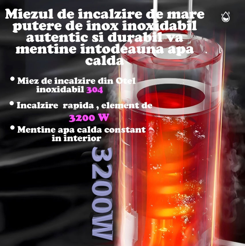 Robinet Instant apa calda, pentru bucatarie, baie sau exterior, Putere 3200 W cu afisaj Led al temperaturii si gura flexibila, Corp Inox, cu rotatie de 360º, gri inchis