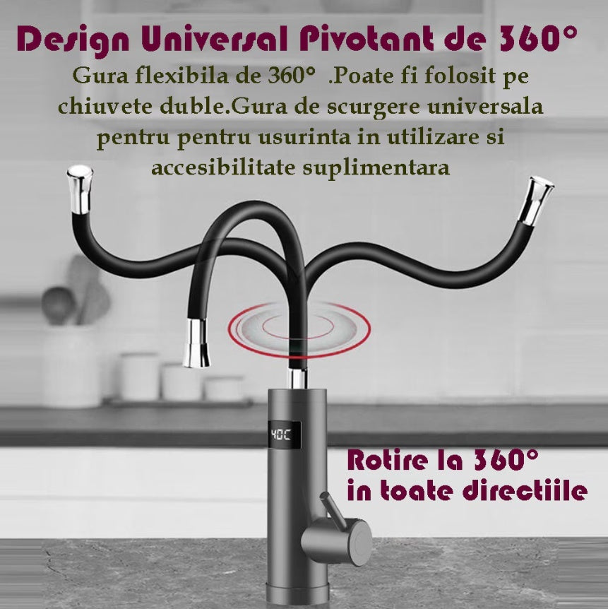 Robinet Instant apa calda, pentru bucatarie, baie sau exterior, Putere 3200 W cu afisaj Led al temperaturii si gura flexibila, Corp Inox, cu rotatie de 360º, gri inchis