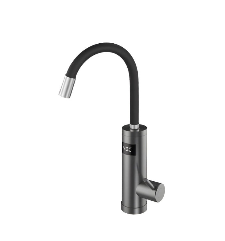 Robinet Instant apa calda, pentru bucatarie, baie sau exterior, Putere 3200 W cu afisaj Led al temperaturii si gura flexibila, Corp Inox, cu rotatie de 360º, gri inchis