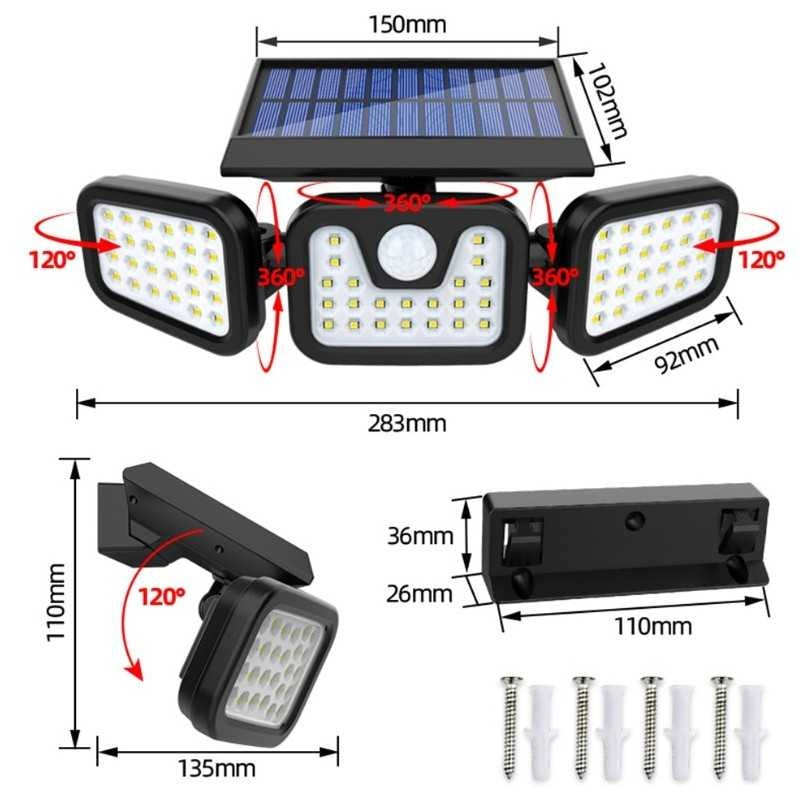 Set 3 x PROIECTOR SOLAR 3 CASETE, 74 LED-uri si senzor de miscare