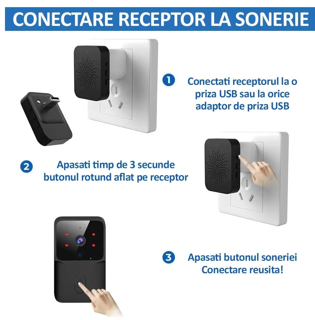 Sonerie wireless cu camera video, vedere nocturna, microfon control prin aplicatie, 19 melodii, autonomie mare, distanta 30-50M