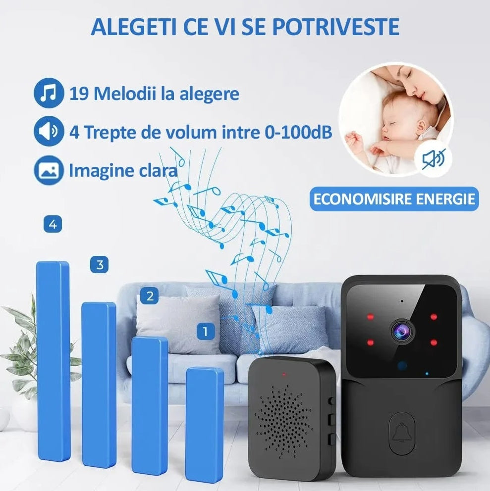 Sonerie wireless cu camera video, vedere nocturna, microfon control prin aplicatie, 19 melodii, autonomie mare, distanta 30-50M