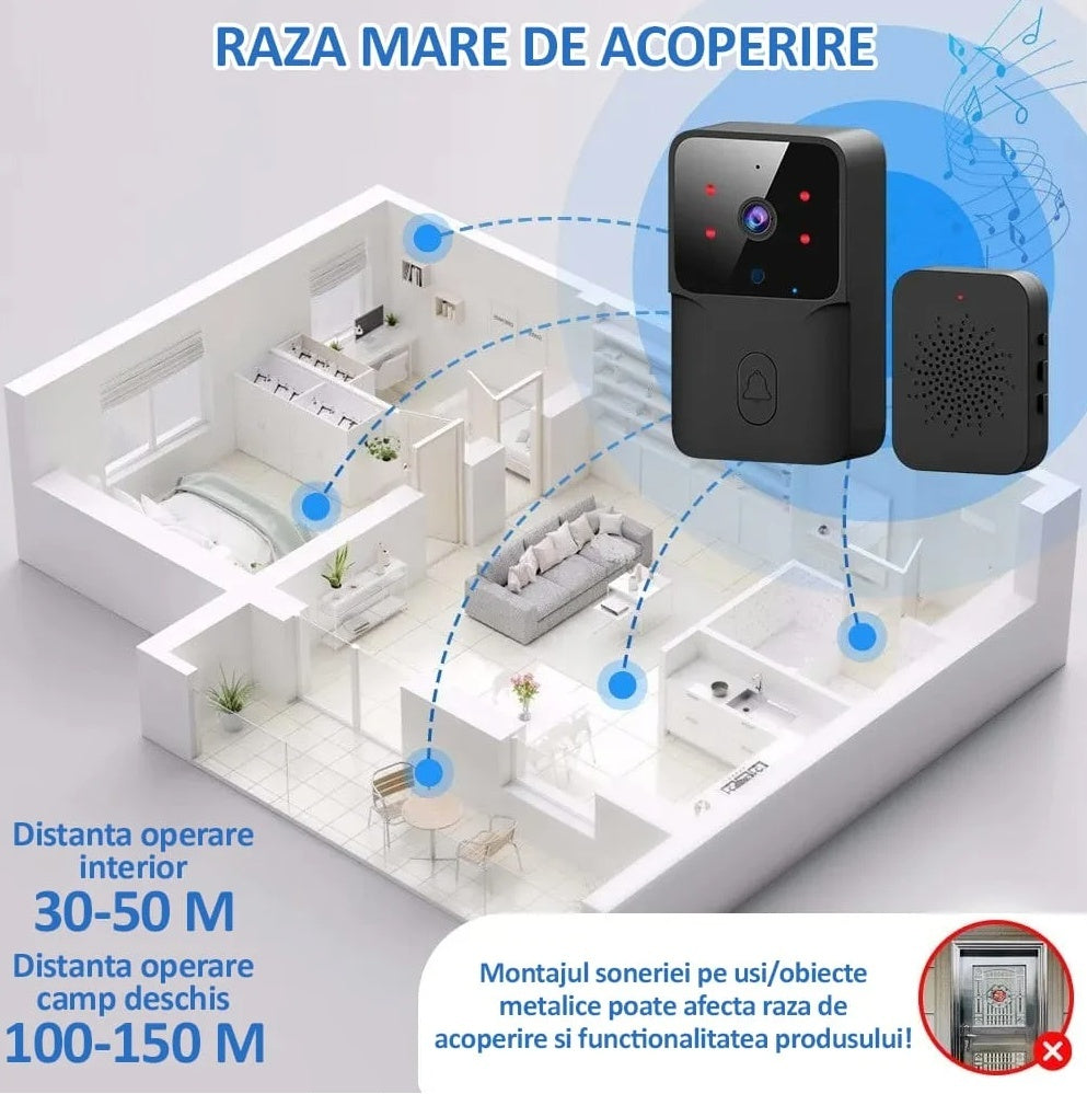Sonerie wireless cu camera video, vedere nocturna, microfon control prin aplicatie, 19 melodii, autonomie mare, distanta 30-50M