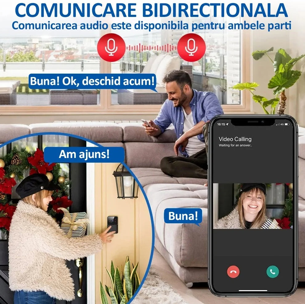 Sonerie wireless cu camera video, vedere nocturna, microfon control prin aplicatie, 19 melodii, autonomie mare, distanta 30-50M