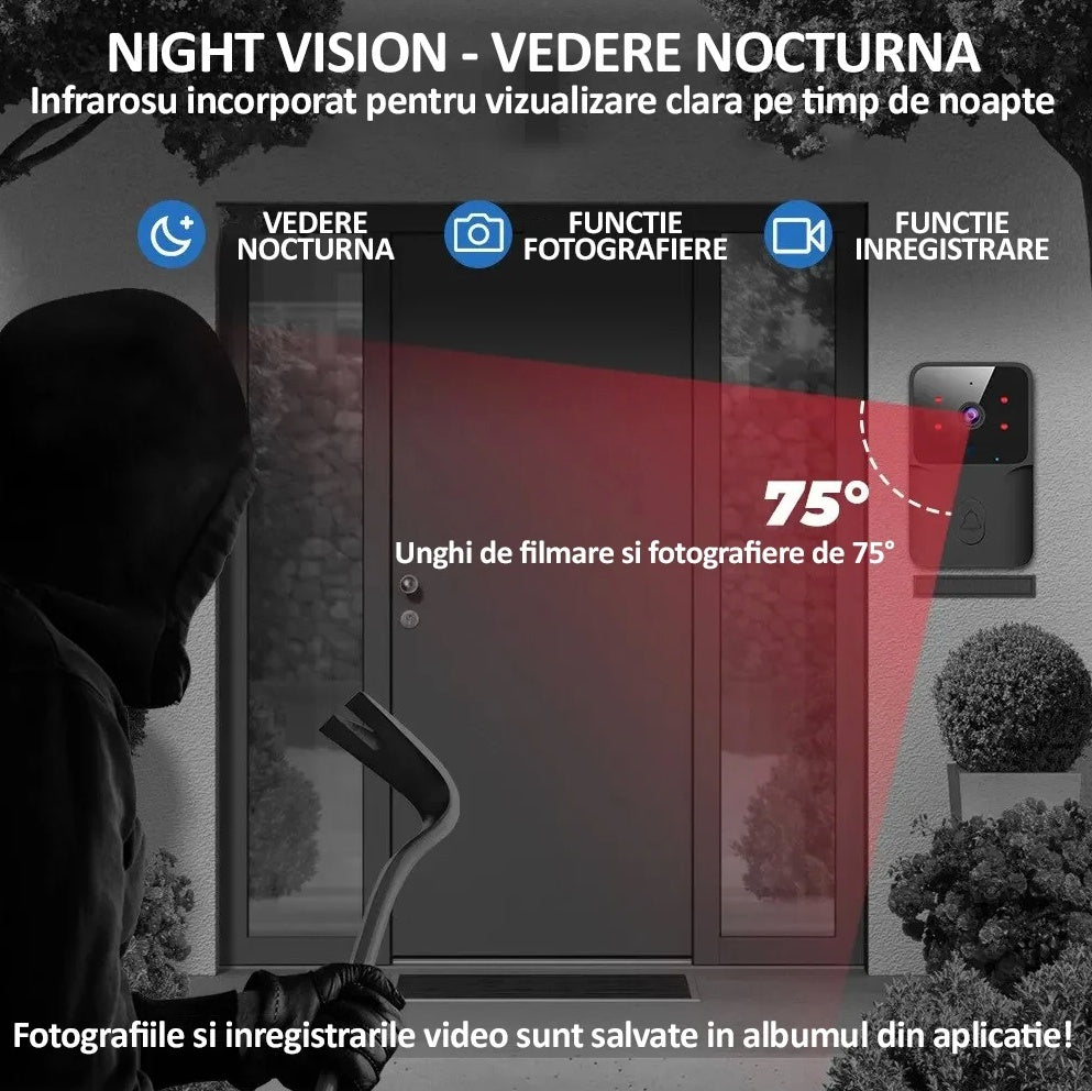 Sonerie wireless cu camera video, vedere nocturna, microfon control prin aplicatie, 19 melodii, autonomie mare, distanta 30-50M