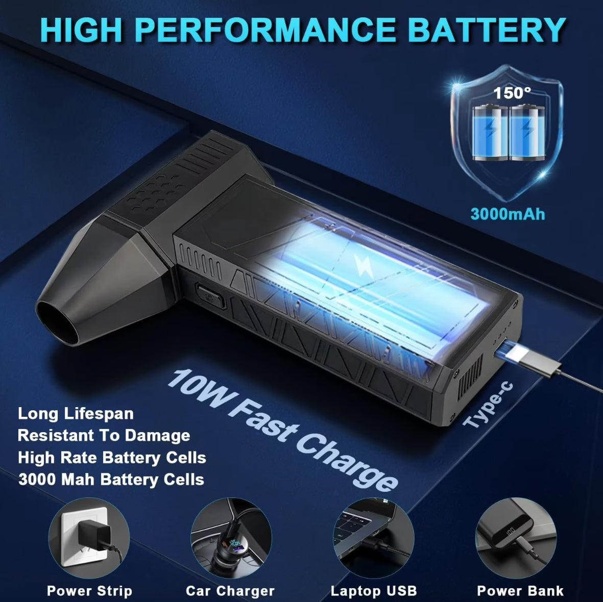 Suflanta aer portabila 130000 RPM, 3 viteze, cap magnetic, incarcare USB, pentru aprinderea focului, suflare praf, uscare masina, uscare par, curatare computer, neagra