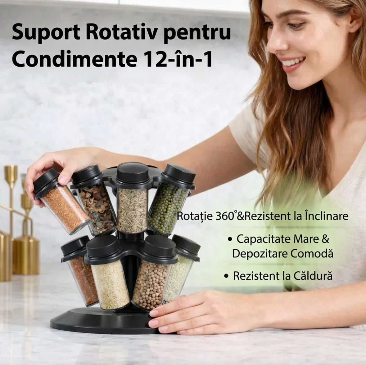 Suport rotativ pentru condimente cu 12 borcane, design tip ciuperca