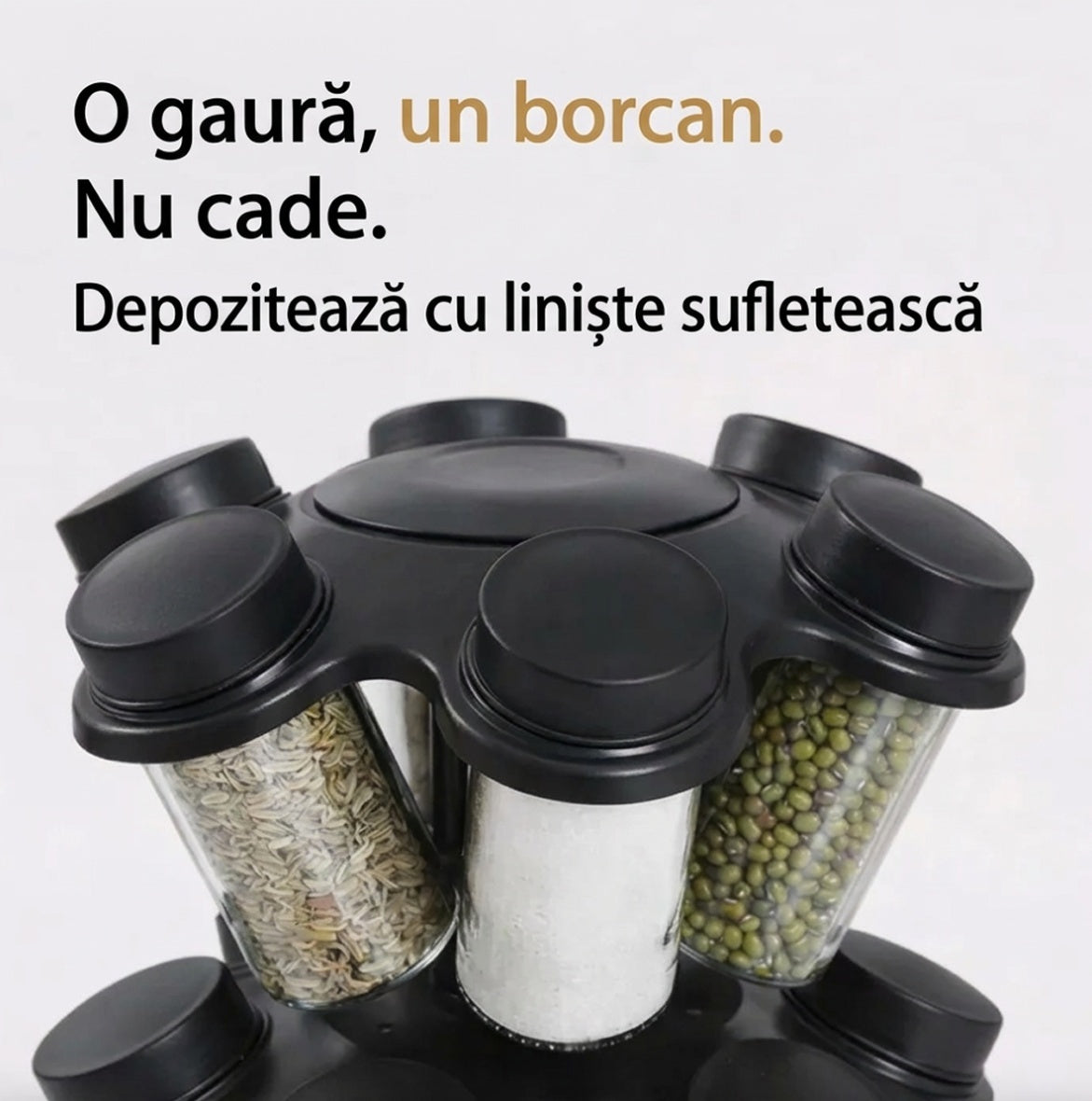 Suport rotativ pentru condimente cu 12 borcane, design tip ciuperca