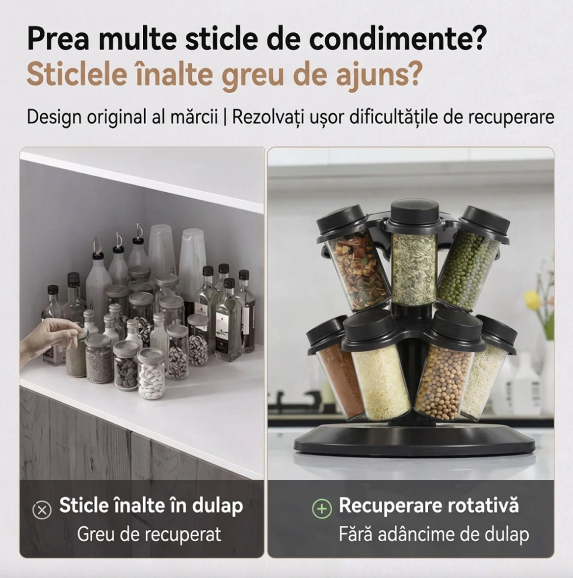 Suport rotativ pentru condimente cu 12 borcane, design tip ciuperca