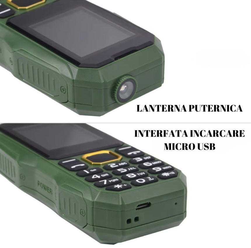 Telefon militar rezistent, dual sim, baterie puternica 13000 mAh, display color, lanterna, rezistent la socuri