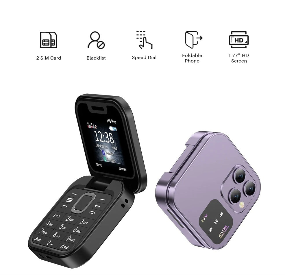 Telefon mobil mini cu ecran dublu, butoane mari, lanterna LED, camera foto, 2 x Nano SIM, player muzical, radio